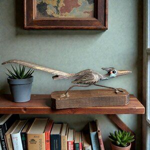 Vintage J. Vincent Wood Carved Roadrunner Sculpture Signed Folk Art Figure 10.5"